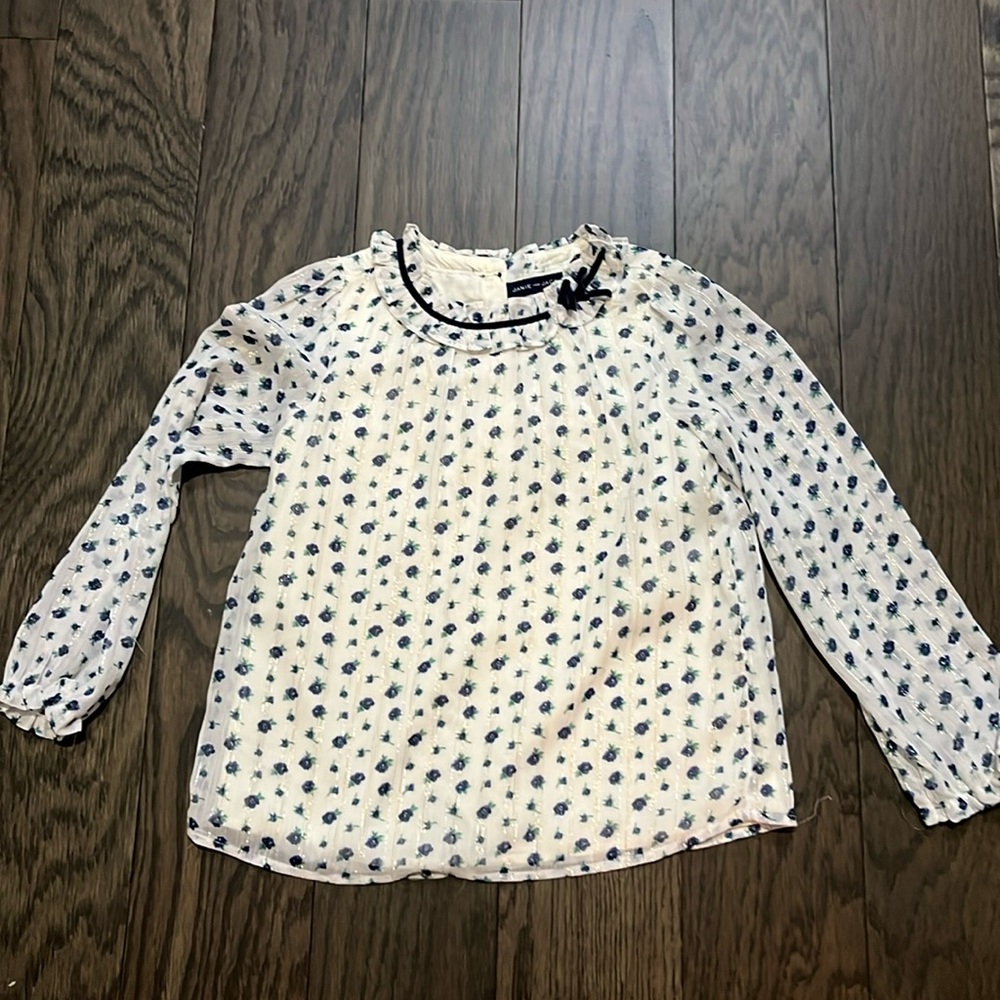 Janie and Jack blouse. Size 7.  Gold and silver threading with navy velvet bow.